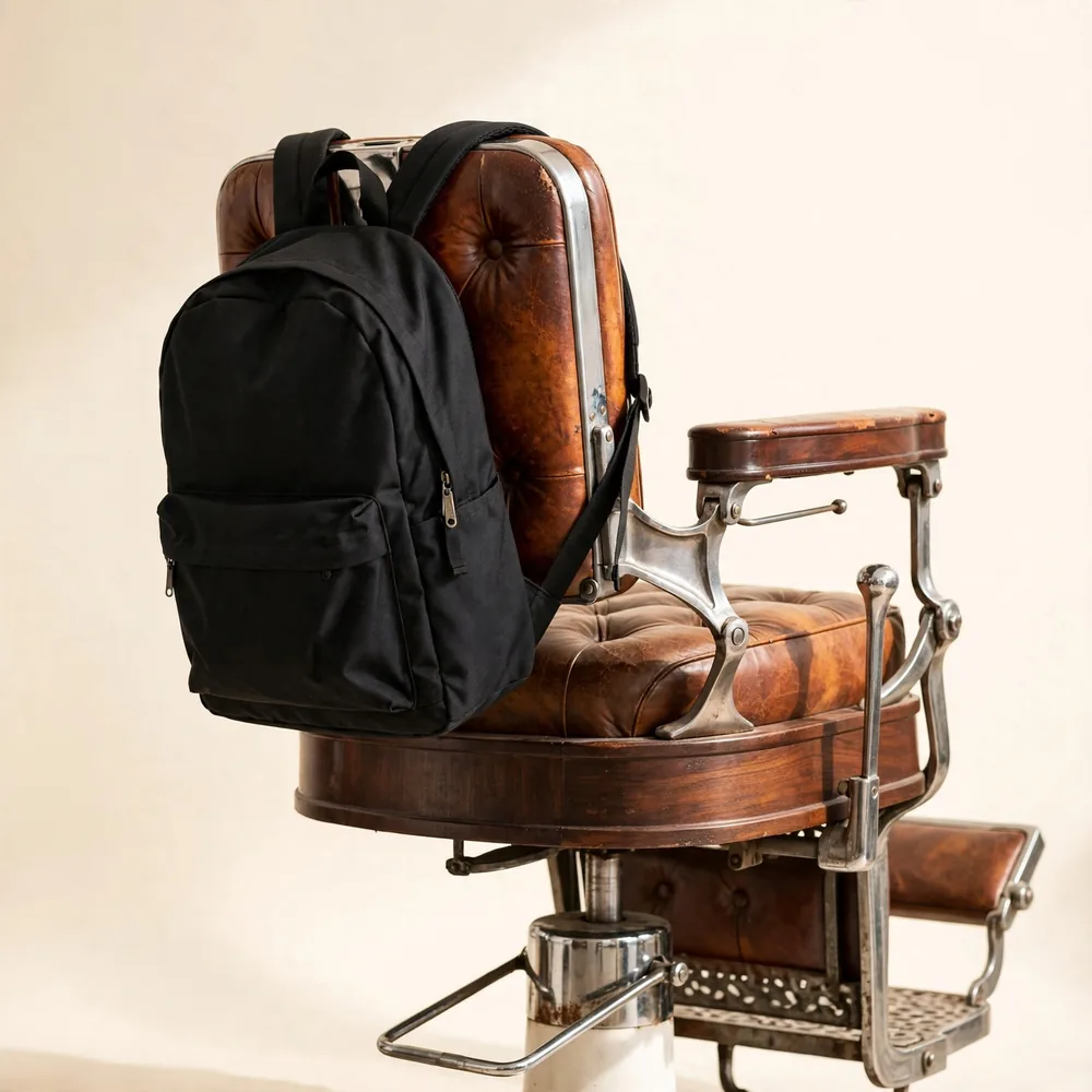A school backpack on a barber chair