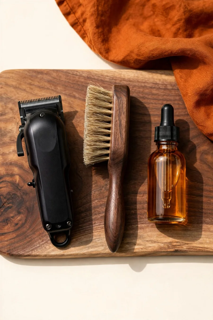 Clippers, a beard brush and beard oil