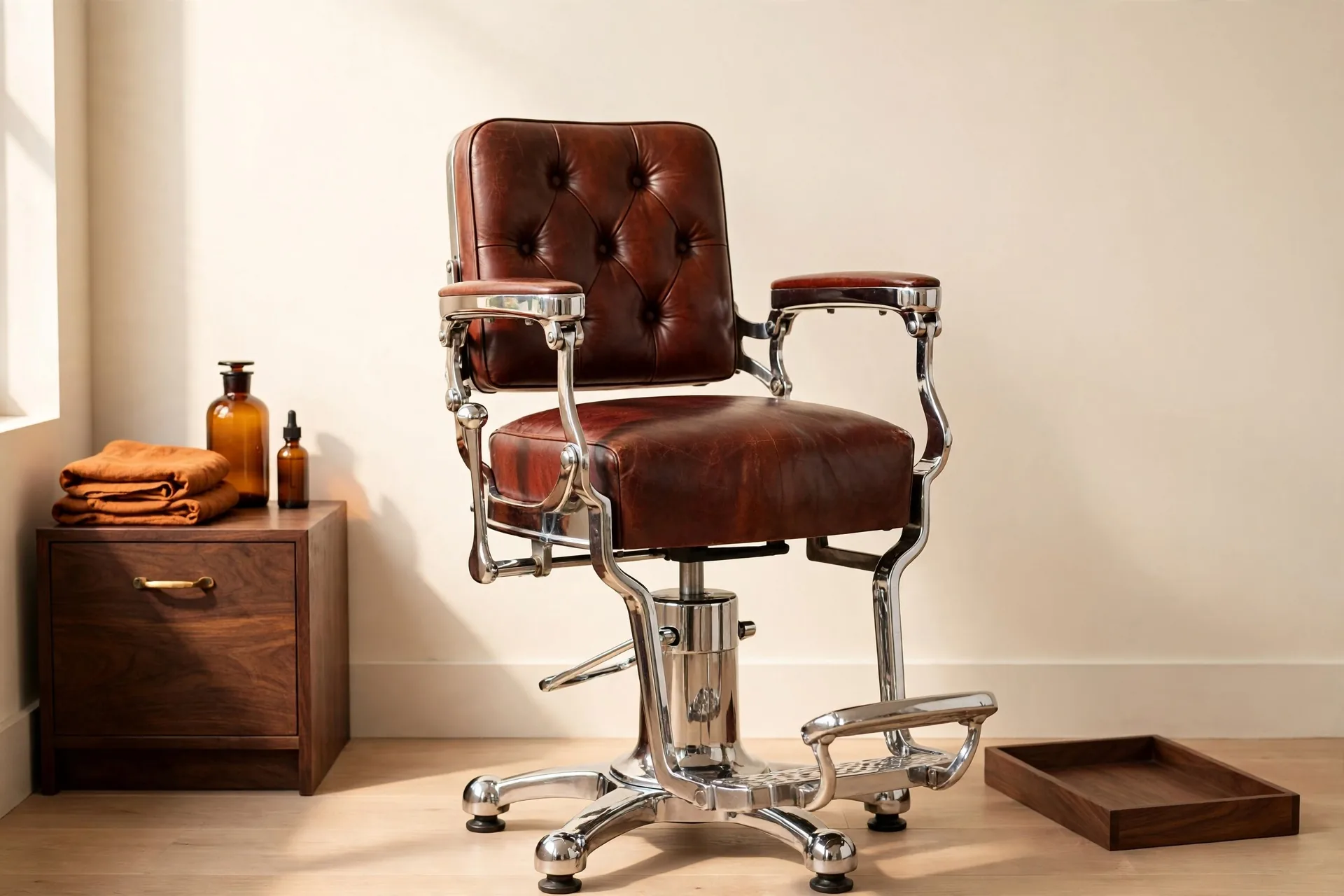 A vintage barber chair in daylight
