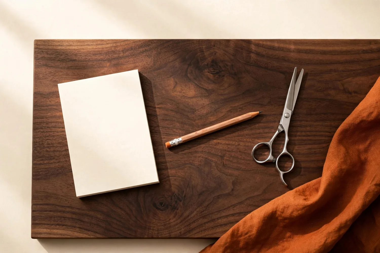 A notepad beside scissors